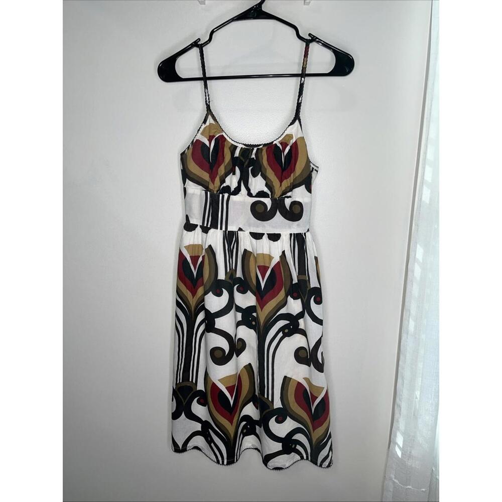 Gap Spaghetti Strap White Tan Red Damask Cotton Sun Tea Empire Waist Dress 4